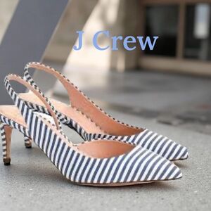 J. Crew Nautical Striped Blue/White Slingback Heels Sz 8.5 EUC
